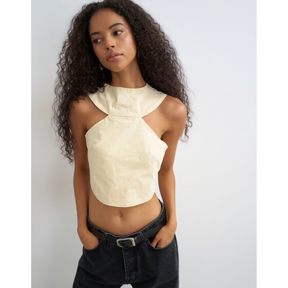 Topshop 90s Cutaway Top Buttermilk Cream Cotton Crossover Back US 10 NWT